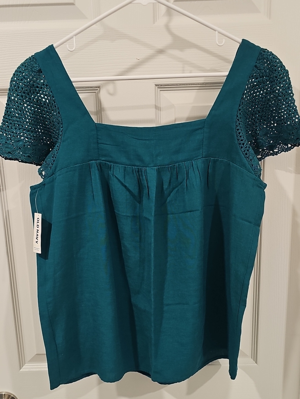 Old Navy Square Neck Teal Blouse w/ Crochet Sleeves